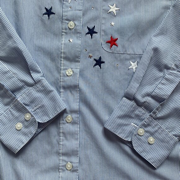 Vtg Tia Designs Blue White Striped Embroidery Rhinestones Patriotic Star Women L - Picture 12 of 14